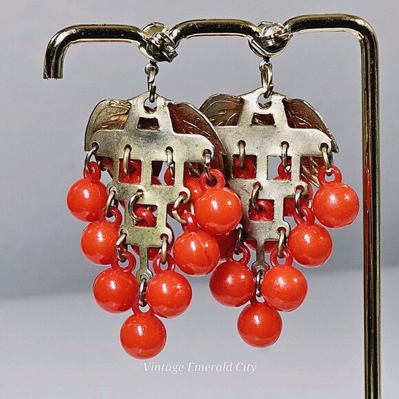 Antique Coral Bunch Grapevine Earrings Golden Leafs Victorian Clusters Dangle - Picture 5 of 12